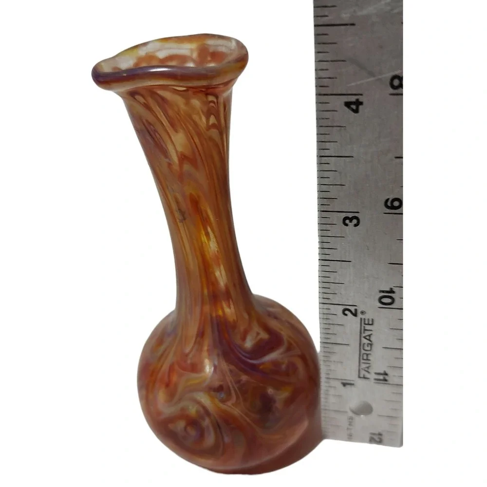 Hand‎ Blown Glass Mini Vase With Orange Swirl Design Vintage 4.5 Inches